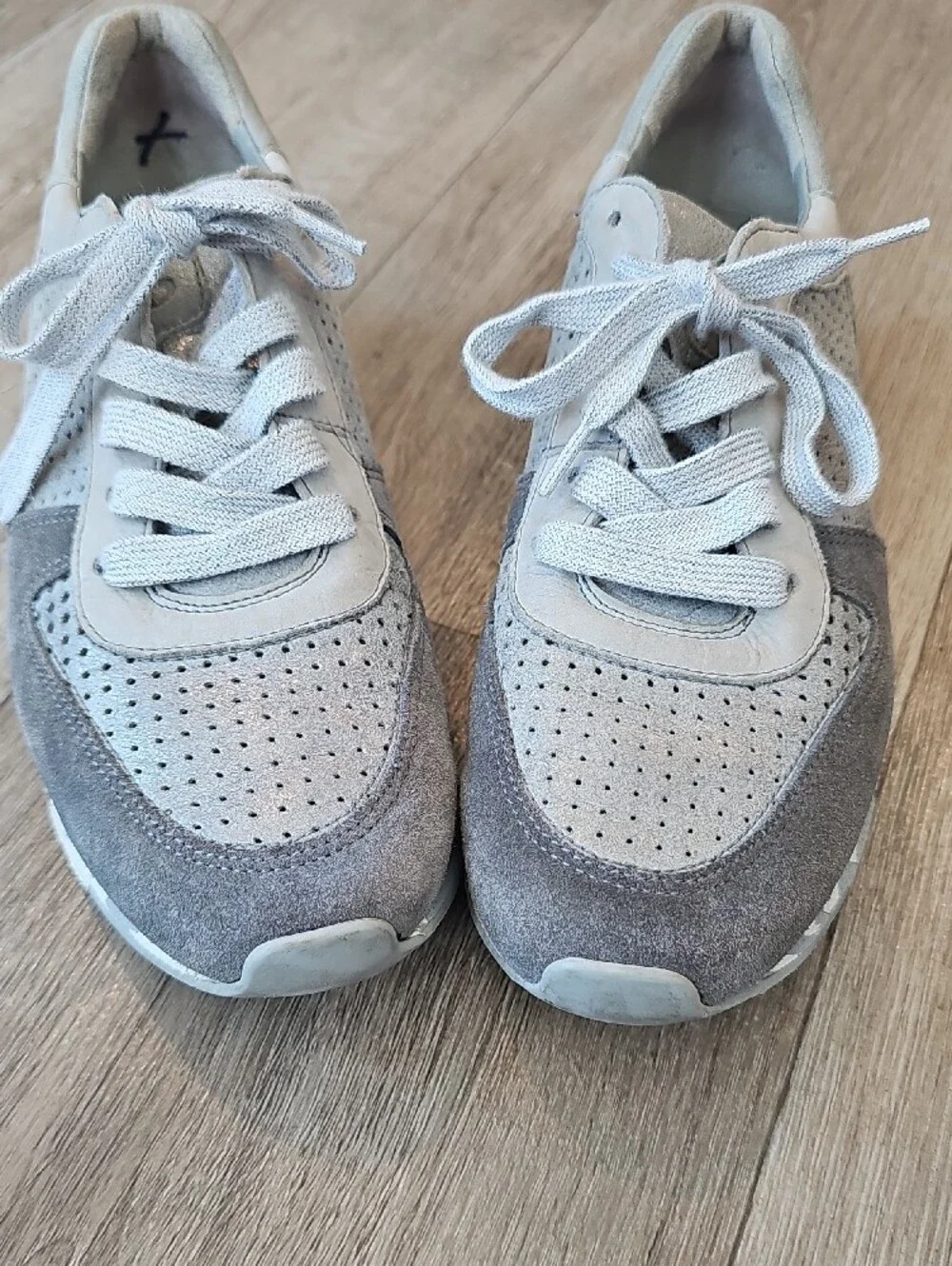 Paul Green Light Gray and Silver Perforated Suede Sneakers